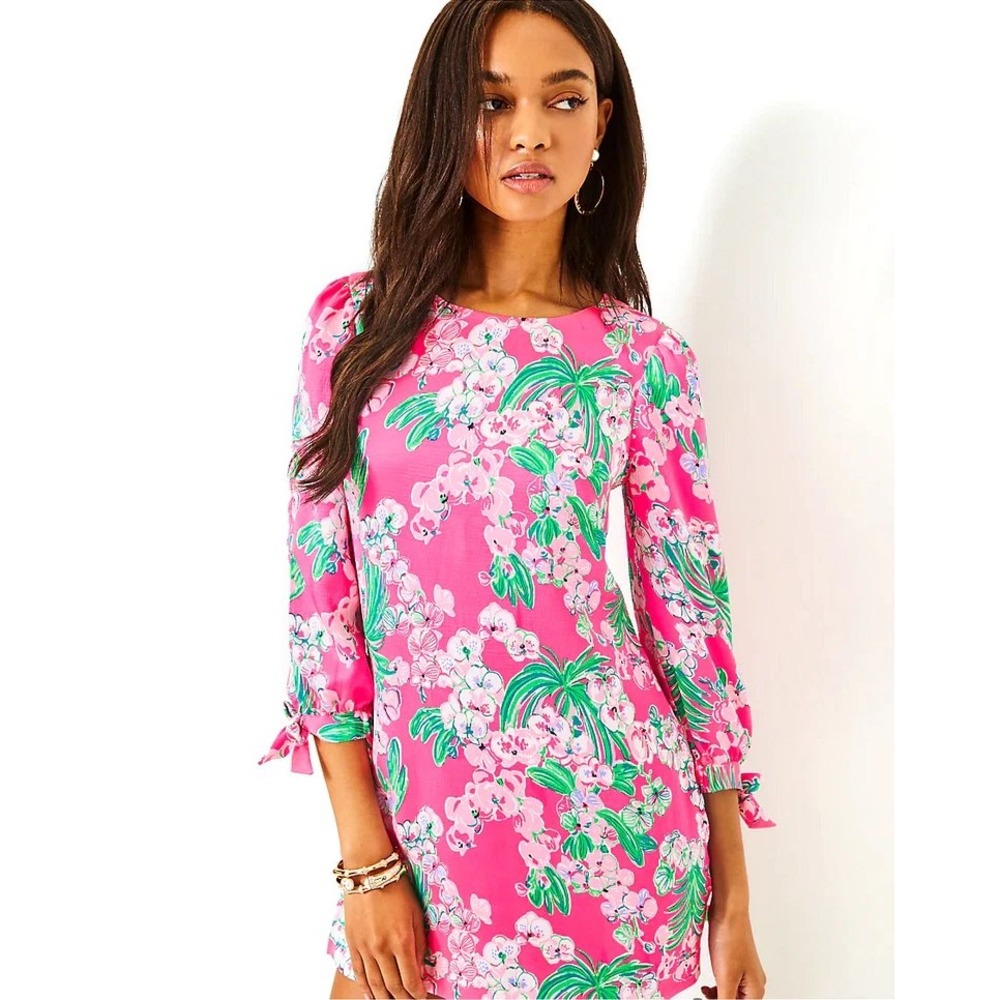 Lilly Pulitzer Pink Floral Romper Skort Bow Sleeve Size 4 Resort Spring - Picture 2 of 9